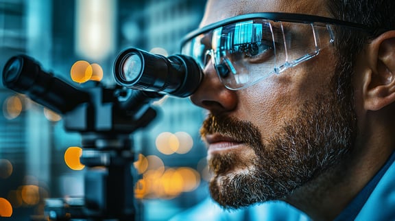 Wissenschaftlicher Mitarbeiter an einem optischen Messgerät. Präzise Analyse und Forschung in der optischen Industrie und Lasertechnologie.