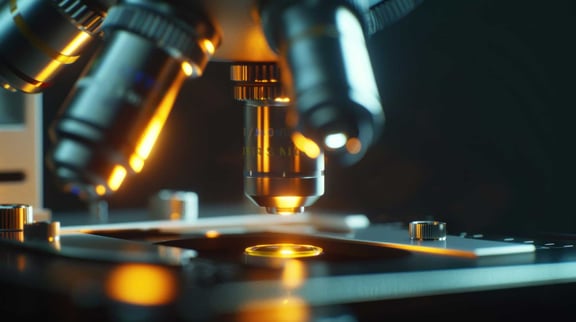 Detailaufnahme eines Mikroskops für präzise optische Mess- und Analyseverfahren. Hochpräzise Komponenten für Anwendungen in der optischen Industrie.