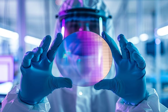 Laboratory worker with protective clothing looks at wafers with colour reflection