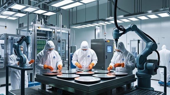 Cleanroom production in the semiconductor industry: employees process wafers under the highest cleanliness and precision requirements using modern robotics.