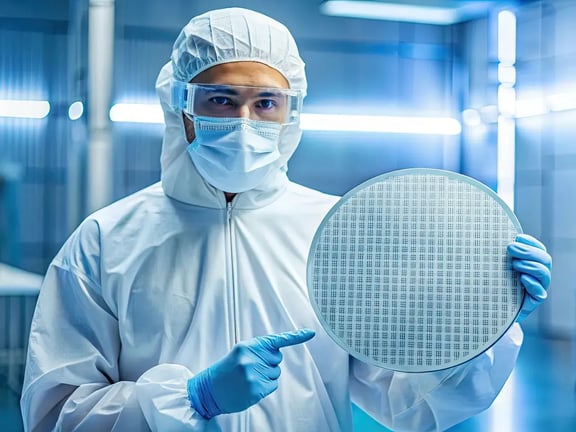 Cleanroom employee holds a large silicon wafer with gloved hands