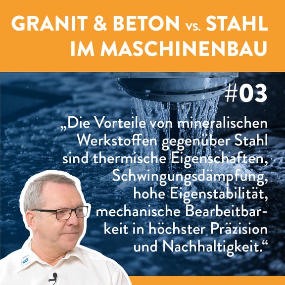 Podcast Vorschau Folge 3: Granit & Beton vs. Stahl im Maschinenbau. Vorteile mineralischer Werkstoffe: Thermik, Schwingungsdämpfung, Stabilität, Präzision und Nachhaltigkeit. Interview mit REITZ-Experten.