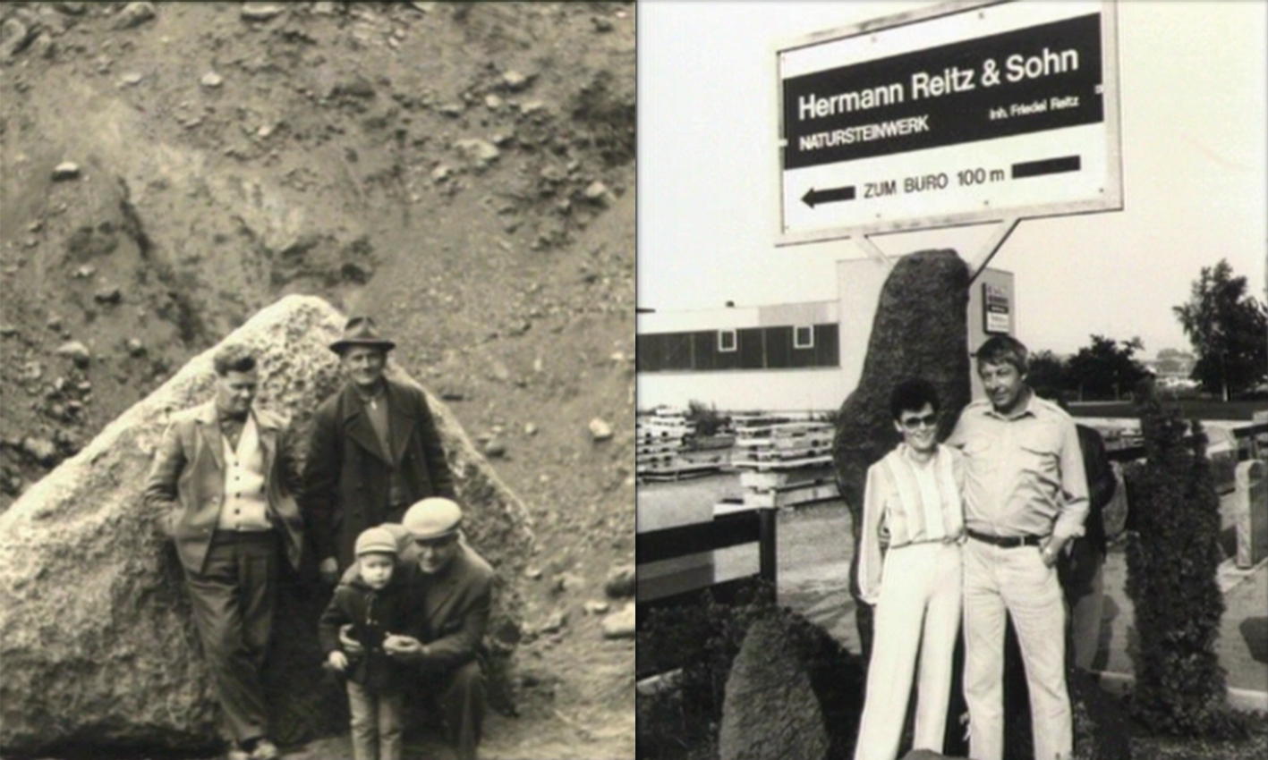 Zwei historische Bilder, eines aus dem Steinbruch, eines vor dem Firmenschild Zwei historische Bilder, eines aus dem Steinbruch, eines vor dem Firmenschild