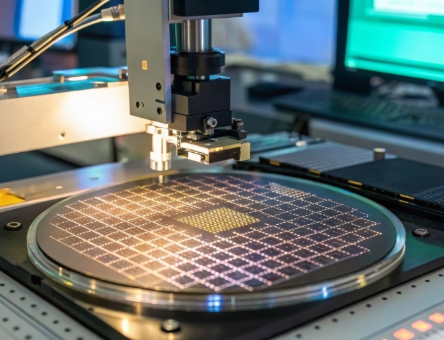 Präzises Test- und Fertigungssystem für Wafer in der Halbleiterproduktion. Hochgenaue Positionierung und Messung elektronischer Schaltkreise. Präzises Test- und Fertigungssystem für Wafer in der Halbleiterproduktion. Hochgenaue Positionierung und Messung elektronischer Schaltkreise.